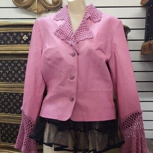 METRO Style Pink Women's Leather Jacket with Crochet Details